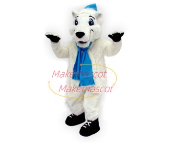 White Hairy Bear Wearing Scarf Mascot Costume White Hairy Bear Wearing Scarf Mascot Costume