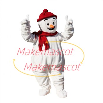 Jolly Snowman Wearing Red Knitted Hat Mascot Costume Jolly Snowman Wearing Red Knitted Hat Mascot Costume