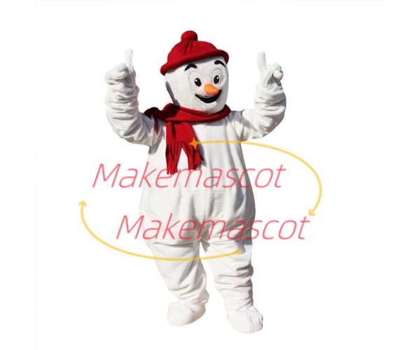 Jolly Snowman Wearing Red Knitted Hat Mascot Costume Jolly Snowman Wearing Red Knitted Hat Mascot Costume