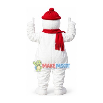 Jolly Snowman Wearing Red Knitted Hat Mascot Costume Jolly Snowman Wearing Red Knitted Hat Mascot Costume
