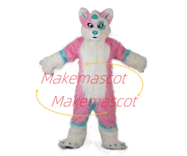 Long-haired Pink Wolf With Different Pupils Mascot Costume Long-haired Pink Wolf With Different Pupils Mascot Costume