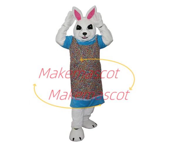 Mother White Rabbit Wearing Floral Apron Mascot Costume