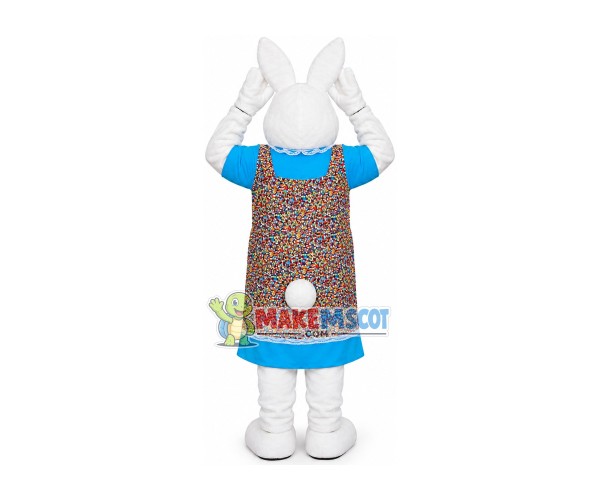 Mother White Rabbit Wearing Floral Apron Mascot Costume