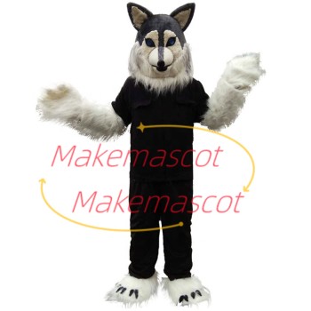 Long Wool Wolf In Black Suit Mascot Costume Long Wool Wolf In Black Suit Mascot Costume