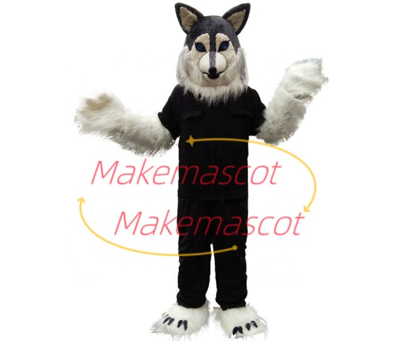 Long Wool Wolf In Black Suit Mascot Costume Long Wool Wolf In Black Suit Mascot Costume