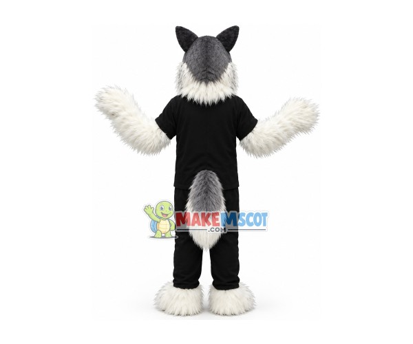 Long Wool Wolf In Black Suit Mascot Costume Long Wool Wolf In Black Suit Mascot Costume