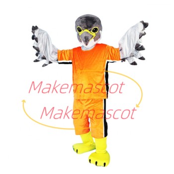 Goalkeeper Falcon In Orange Sportswear Mascot Costume Goalkeeper Falcon In Orange Sportswear Mascot Costume