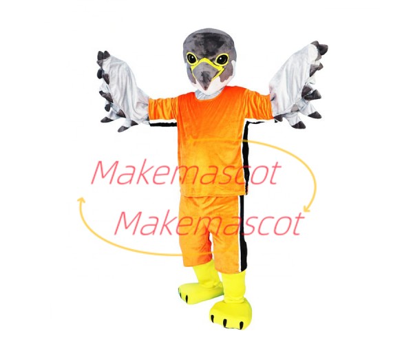 Goalkeeper Falcon In Orange Sportswear Mascot Costume Goalkeeper Falcon In Orange Sportswear Mascot Costume