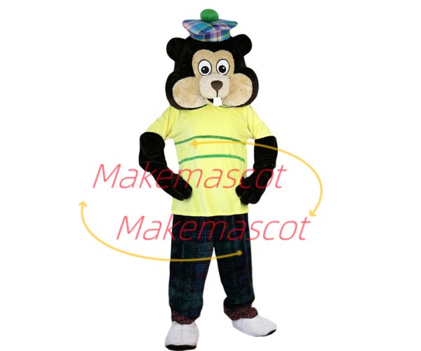 Squirrel Wearing Colorful Checkered Hat Mascot Costume