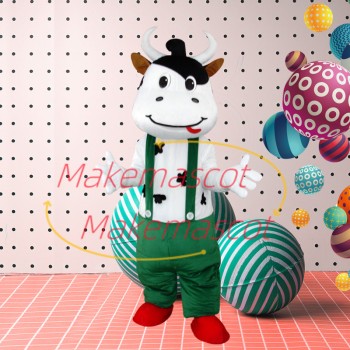 Lively Cartoon Cow In Suspenders Mascot Costume Lively Cartoon Cow In Suspenders Mascot Costume