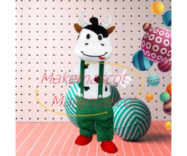 Lively Cartoon Cow In Suspenders Mascot Costume Lively Cartoon Cow In Suspenders Mascot Costume
