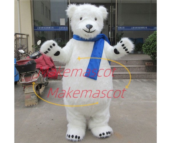 Docile Furry Polar Bear With Bright Scarf Mascot Costume Docile Furry Polar Bear With Bright Scarf Mascot Costume