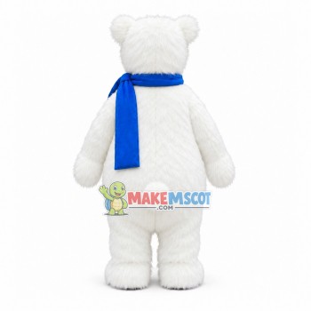 Docile Furry Polar Bear With Bright Scarf Mascot Costume