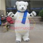 Docile Furry Polar Bear With Bright Scarf Mascot Costume