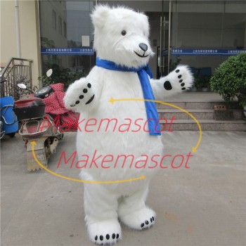 Docile Furry Polar Bear With Bright Scarf Mascot Costume Docile Furry Polar Bear With Bright Scarf Mascot Costume