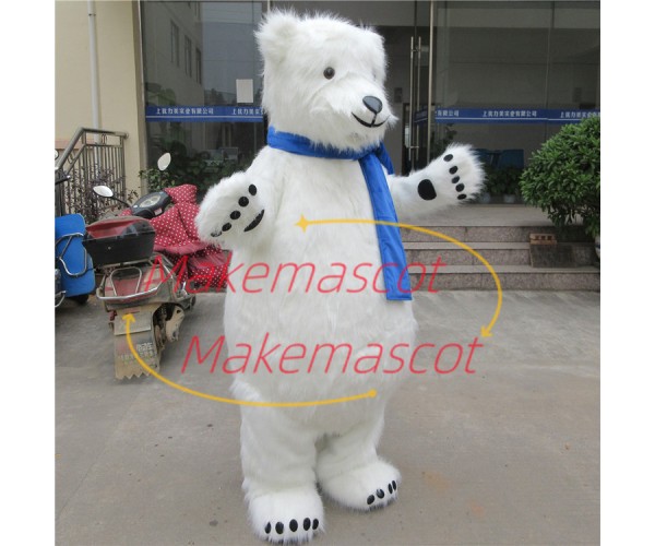 Docile Furry Polar Bear With Bright Scarf Mascot Costume Docile Furry Polar Bear With Bright Scarf Mascot Costume