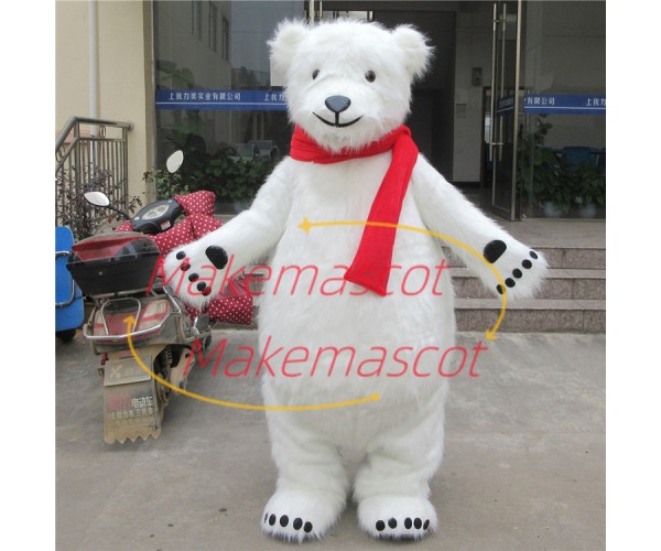 Docile Furry Polar Bear With Bright Scarf Mascot Costume Docile Furry Polar Bear With Bright Scarf Mascot Costume