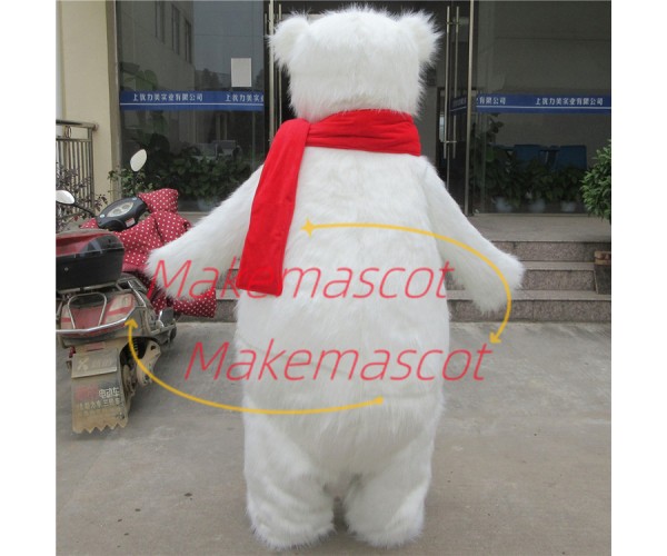 Docile Furry Polar Bear With Bright Scarf Mascot Costume Docile Furry Polar Bear With Bright Scarf Mascot Costume