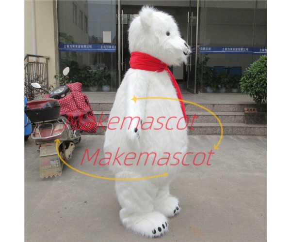 Docile Furry Polar Bear With Bright Scarf Mascot Costume Docile Furry Polar Bear With Bright Scarf Mascot Costume