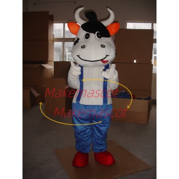 Active Cow Wearing Blue Pants Mascot Costume