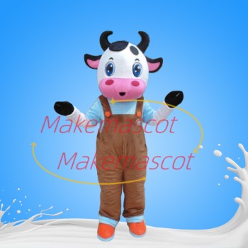 Cute Baby Cow Wearing Overalls Mascot Costume
