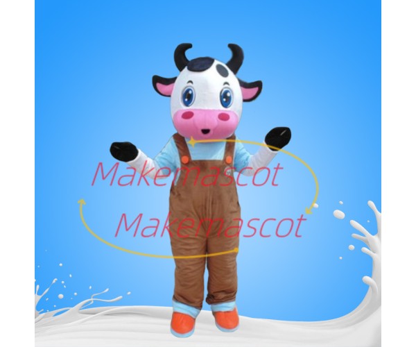 Cute Baby Cow Wearing Overalls Mascot Costume Cute Baby Cow Wearing Overalls Mascot Costume
