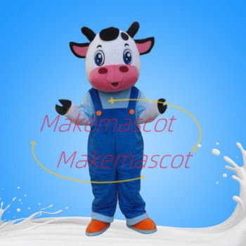 Cute Baby Cow Wearing Overalls Mascot Costume Cute Baby Cow Wearing Overalls Mascot Costume