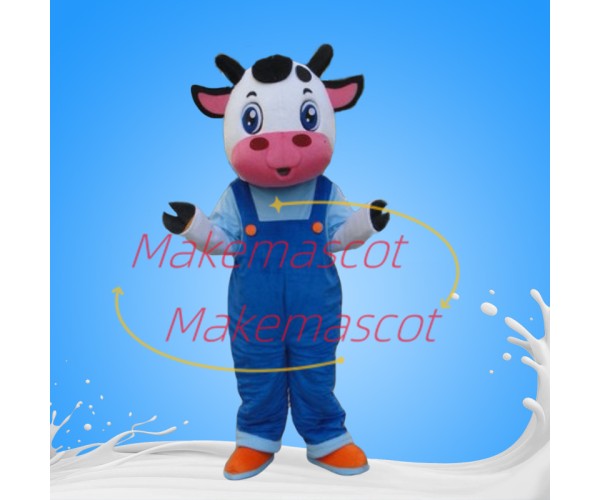Cute Baby Cow Wearing Overalls Mascot Costume Cute Baby Cow Wearing Overalls Mascot Costume