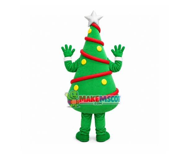 Christmas Tree With Red Ribbon Mascot Costume Christmas Tree With Red Ribbon Mascot Costume
