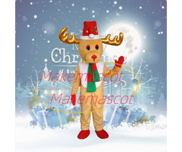 Christmas Elk With Golden Horns Mascot Costume