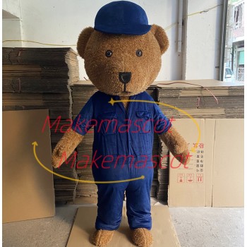 Plush Brown Bear In The Tooling Jumpsuit Mascot Costume