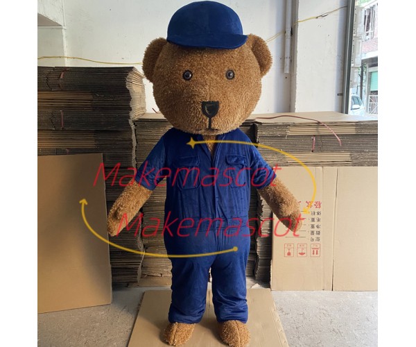 Plush Brown Bear In The Tooling Jumpsuit Mascot Costume Plush Brown Bear In The Tooling Jumpsuit Mascot Costume