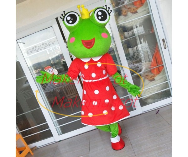 Pretty Cartoon Princess Frog In The Polka Dot Dress Mascot Costume Pretty Cartoon Princess Frog In The Polka Dot Dress Mascot Costume