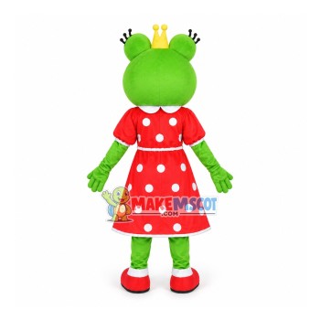 Pretty Cartoon Princess Frog In The Polka Dot Dress Mascot Costume