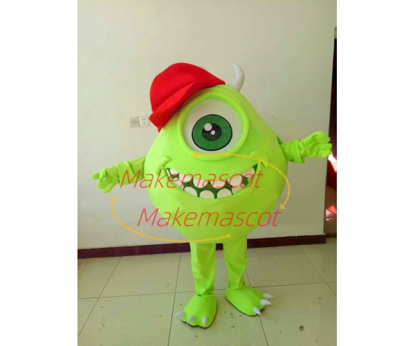 Bright Green One Eyed Monster Wearing Cap Cartoon Mascot Costume