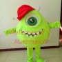 Bright Green One Eyed Monster Wearing Cap Cartoon Mascot Costume