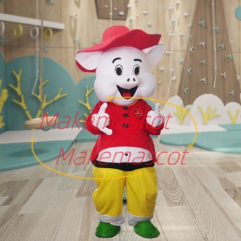 Cartoon Red Happy Pig With Short Shirt Mascot Costume Cartoon Red Happy Pig With Short Shirt Mascot Costume