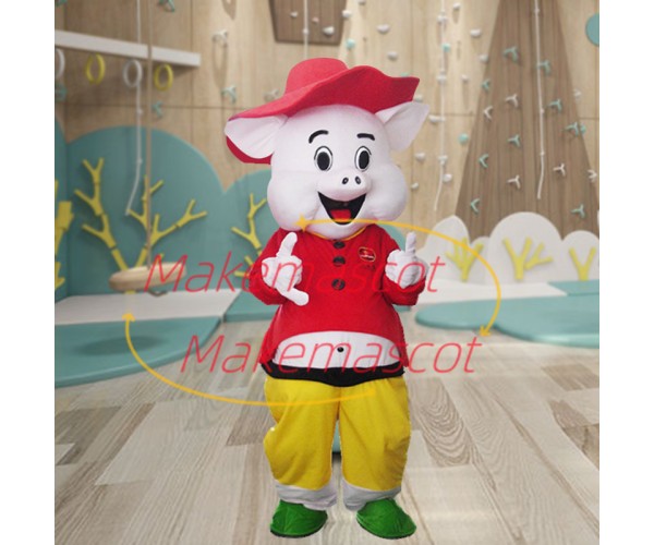 Cartoon Red Happy Pig With Short Shirt Mascot Costume Cartoon Red Happy Pig With Short Shirt Mascot Costume