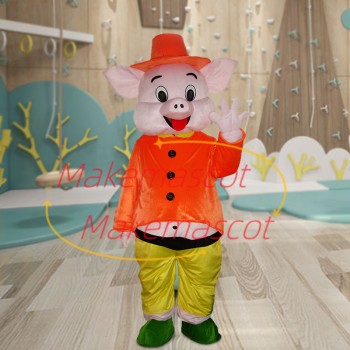 Cute Cartoon Happy Pig With Orange Clothes Mascot Costume Cute Cartoon Happy Pig With Orange Clothes Mascot Costume