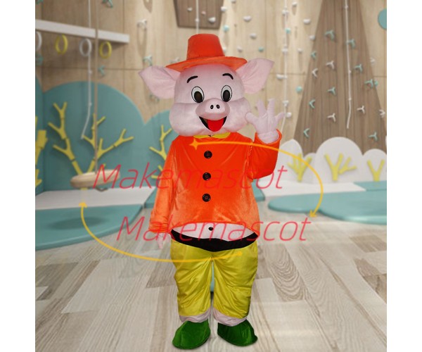 Cute Cartoon Happy Pig With Orange Clothes Mascot Costume Cute Cartoon Happy Pig With Orange Clothes Mascot Costume