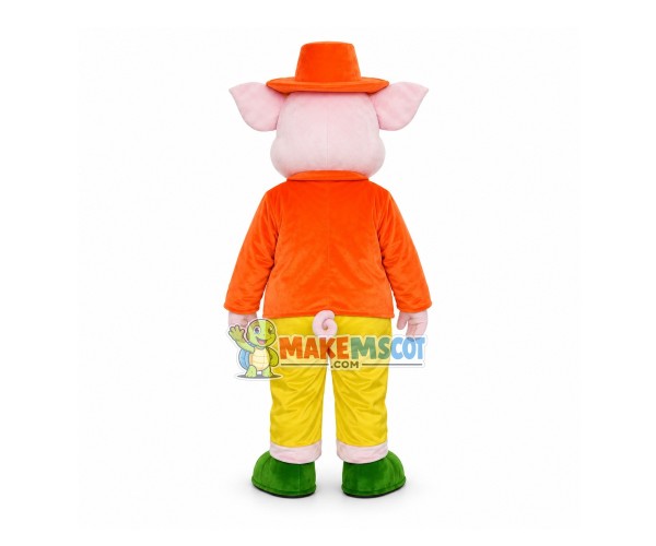 Cute Cartoon Happy Pig With Orange Clothes Mascot Costume Cute Cartoon Happy Pig With Orange Clothes Mascot Costume