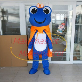 Blue Big Eyed Prince Frog With Crown Cartoon Mascot Costume