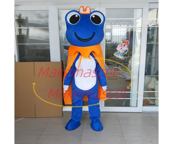 Blue Big Eyed Prince Frog With Crown Cartoon Mascot Costume Blue Big Eyed Prince Frog With Crown Cartoon Mascot Costume