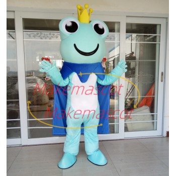 Confident The Sky Blue Prince Frog Cartoon Mascot Costume