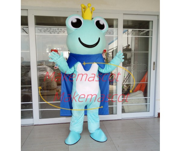 Confident The Sky Blue Prince Frog Cartoon Mascot Costume