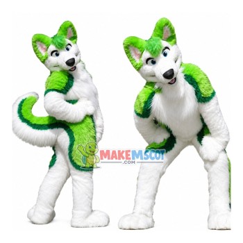 Green Husky Dog Halloween Fur Suit Mascot Costume Green Husky Dog Halloween Fur Suit Mascot Costume