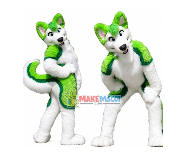 Green Husky Dog Halloween Fur Suit Mascot Costume Green Husky Dog Halloween Fur Suit Mascot Costume