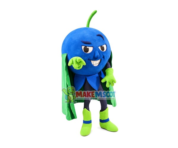 Blueberry With Green Cape Mascot Costume Blueberry With Green Cape Mascot Costume