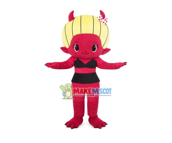 Little Red Devil With Blond Hair Mascot Costume Little Red Devil With Blond Hair Mascot Costume