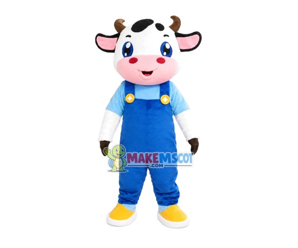 Young Cow With Overalls Mascot Costume Young Cow With Overalls Mascot Costume